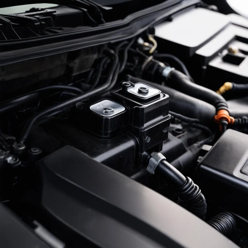 Close-up view of a cruise control actuator in a car engine bay